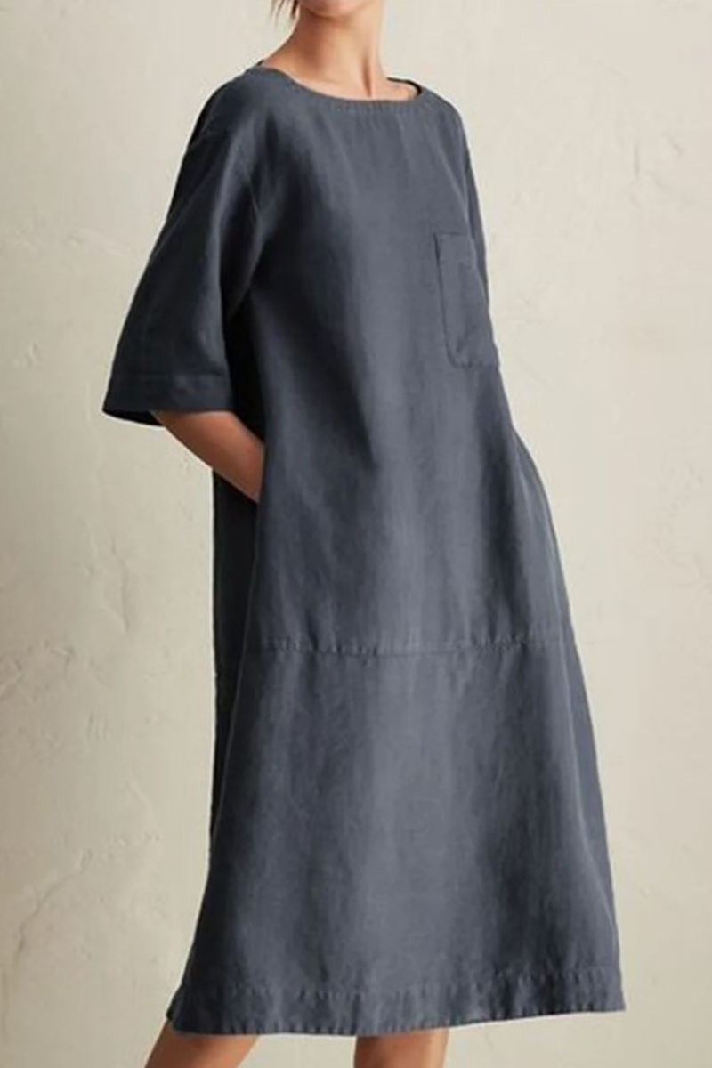 Vestidos casuales de corte A con cuello redondo, bolsillos y parches lisos (6 colores)