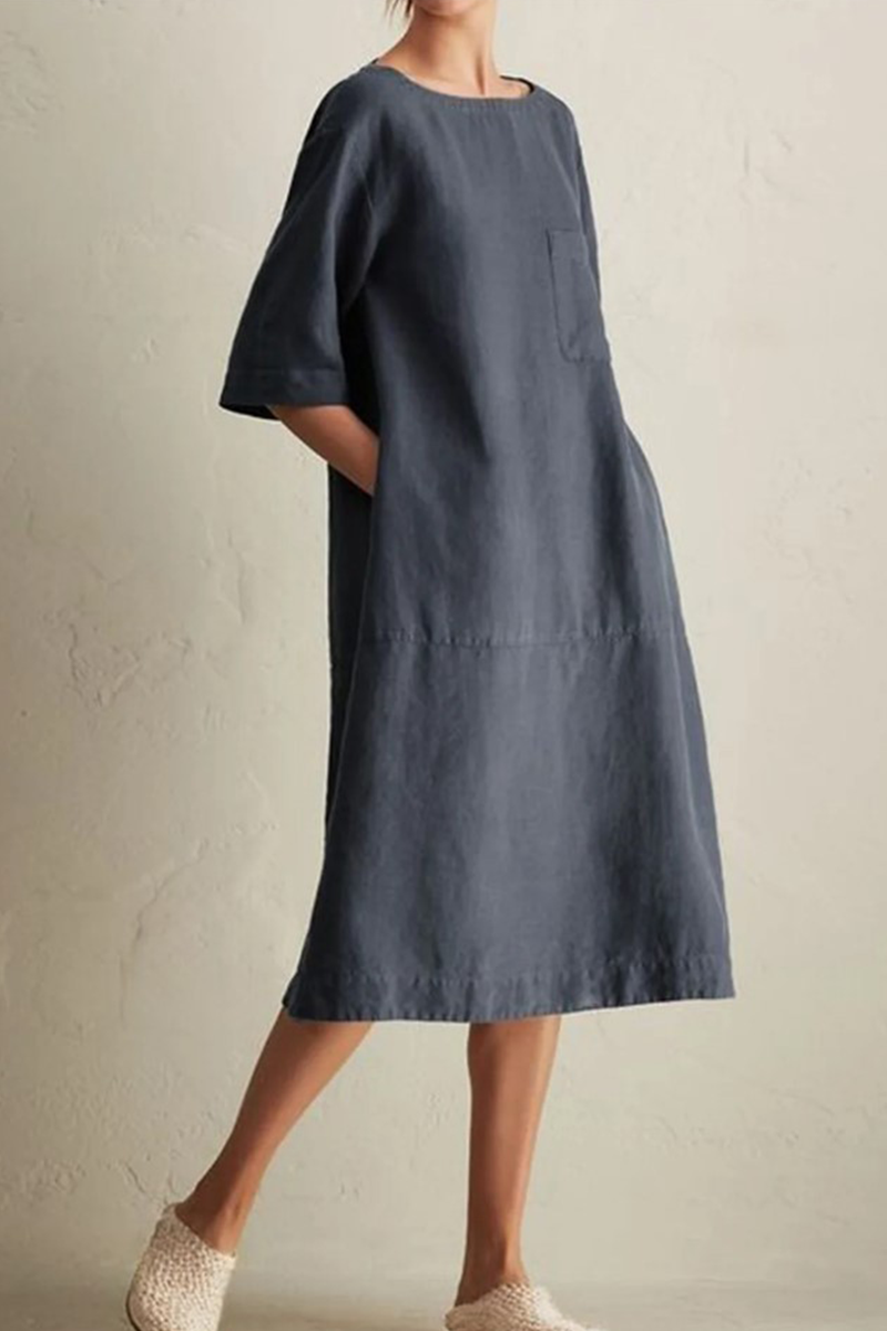 Vestidos casuales de corte A con cuello redondo, bolsillos y parches lisos (6 colores)