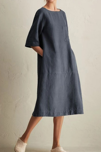 Vestidos casuales de corte A con cuello redondo, bolsillos y parches lisos (6 colores)