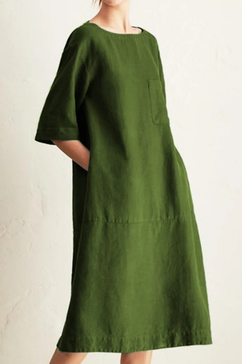 Vestidos casuales de corte A con cuello redondo, bolsillos y parches lisos (6 colores)