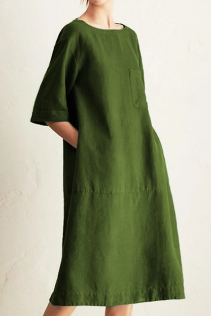 Vestidos casuales de corte A con cuello redondo, bolsillos y parches lisos (6 colores)