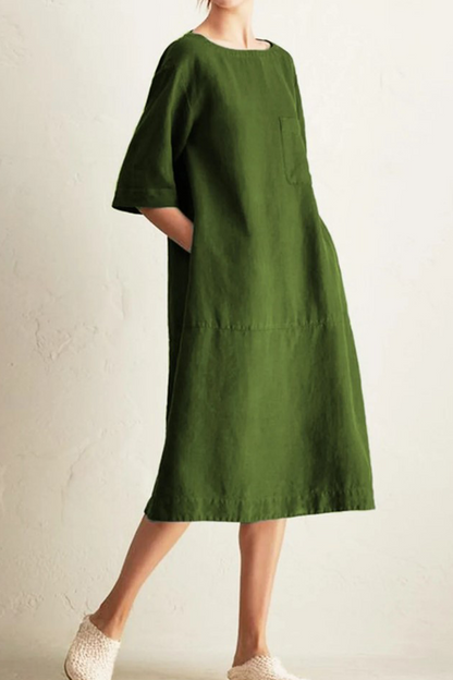 Vestidos casuales de corte A con cuello redondo, bolsillos y parches lisos (6 colores)