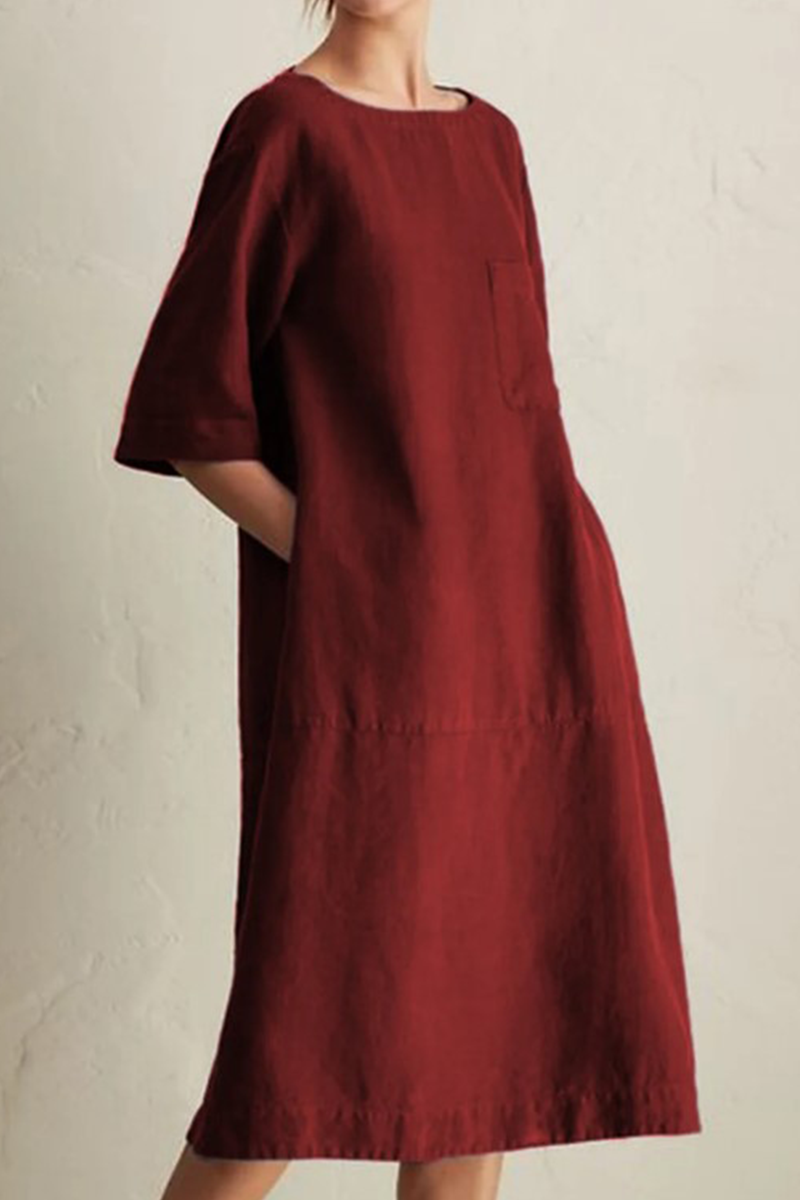 Vestidos casuales de corte A con cuello redondo, bolsillos y parches lisos (6 colores)