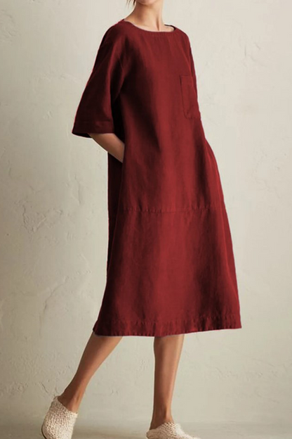 Vestidos casuales de corte A con cuello redondo, bolsillos y parches lisos (6 colores)