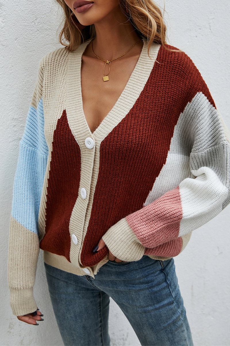 Suéter de cuello en V con hebilla y abertura en la articulación de color de calle de moda