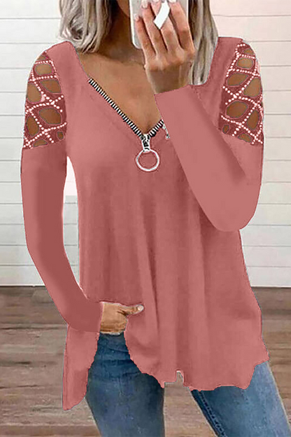 Tops casuales de patchwork con cuello y cremallera, con agujeros y perforaciones (7 colores)