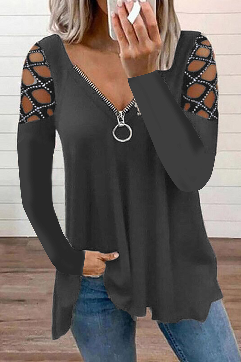 Tops casuales de patchwork con cuello y cremallera, con agujeros y perforaciones (7 colores)