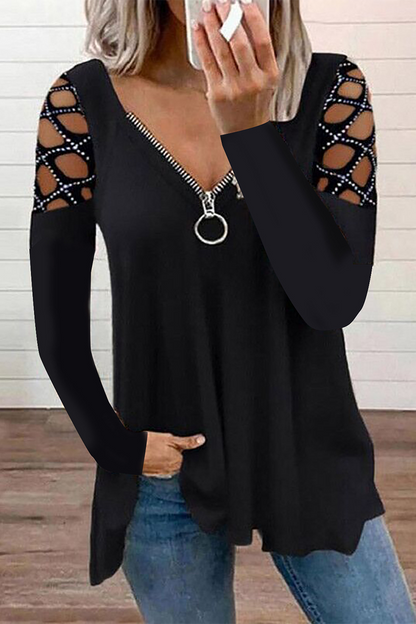 Tops casuales de patchwork con cuello y cremallera, con agujeros y perforaciones (7 colores)