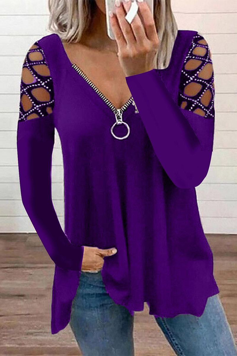 Tops casuales de patchwork con cuello y cremallera, con agujeros y perforaciones (7 colores)