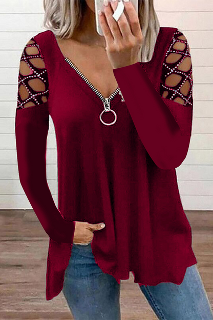 Tops casuales de patchwork con cuello y cremallera, con agujeros y perforaciones (7 colores)