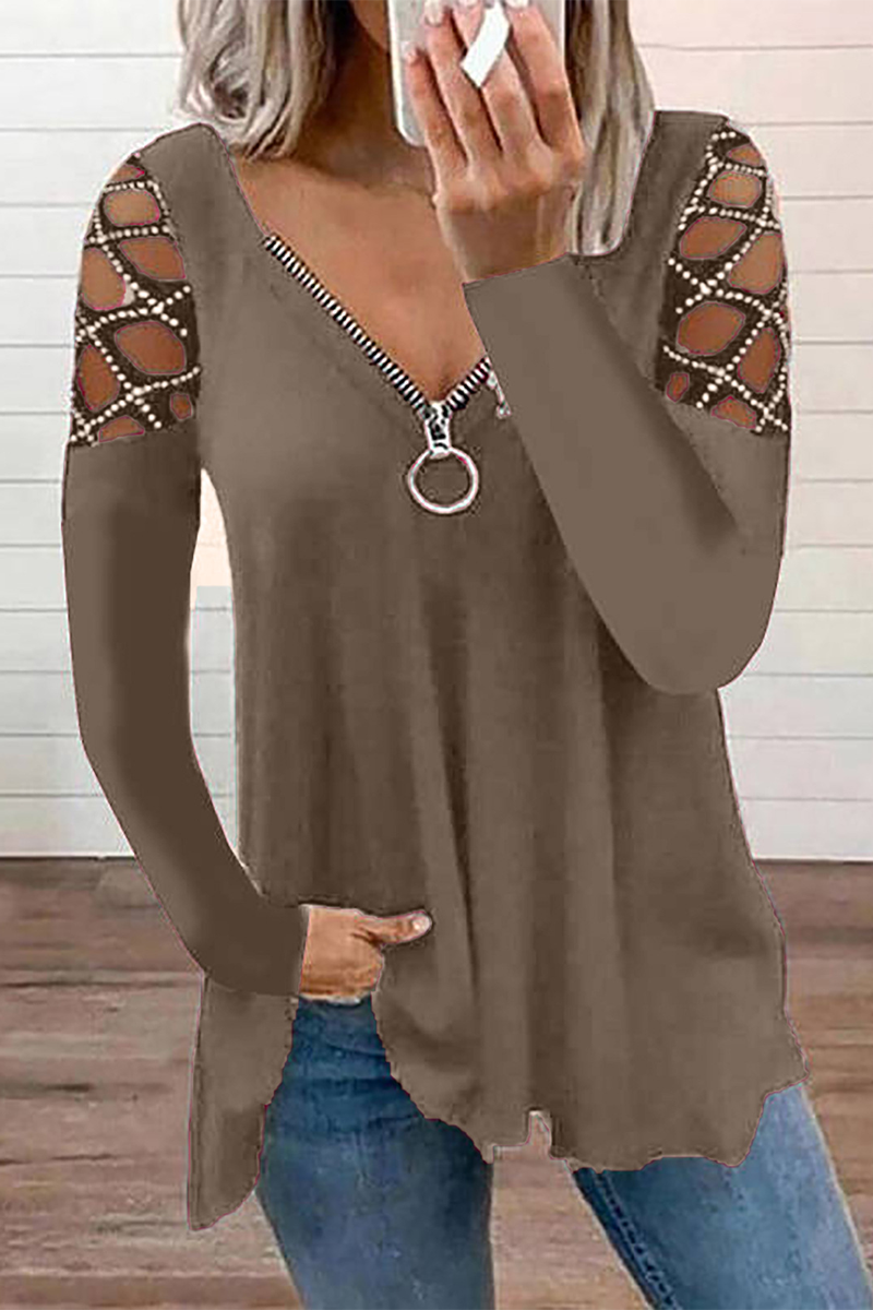 Tops casuales de patchwork con cuello y cremallera, con agujeros y perforaciones (7 colores)
