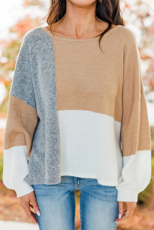 Suéter casual con cuello redondo y diseño de patchwork en contraste
