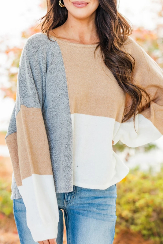Suéter casual con cuello redondo y diseño de patchwork en contraste