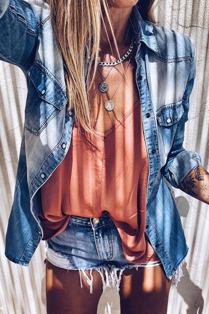 Blusas casuales de cuello vuelto con hebilla y bolsillo de patchwork