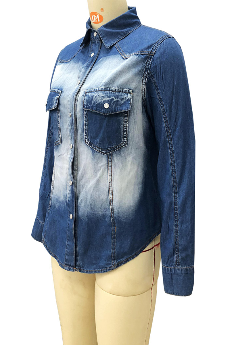 Blusas casuales de cuello vuelto con hebilla y bolsillo de patchwork