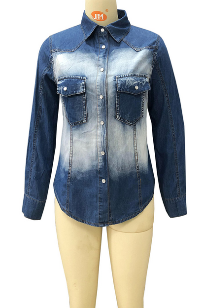 Blusas casuales de cuello vuelto con hebilla y bolsillo de patchwork