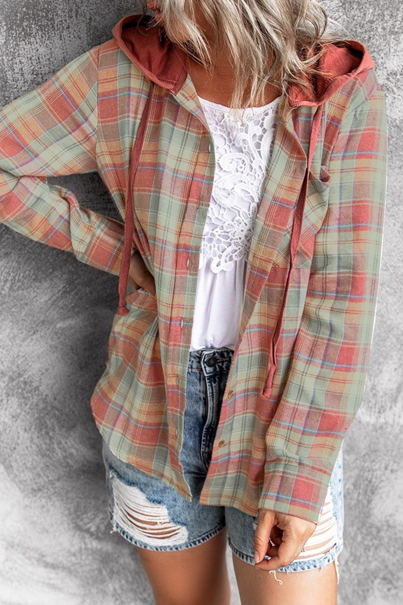 Blusas de cuadros escoceses con cuello y capucha y hebilla de frenillo (4 colores)