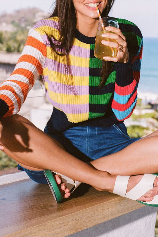 Suéter casual con cuello redondo y diseño de patchwork a cuadros