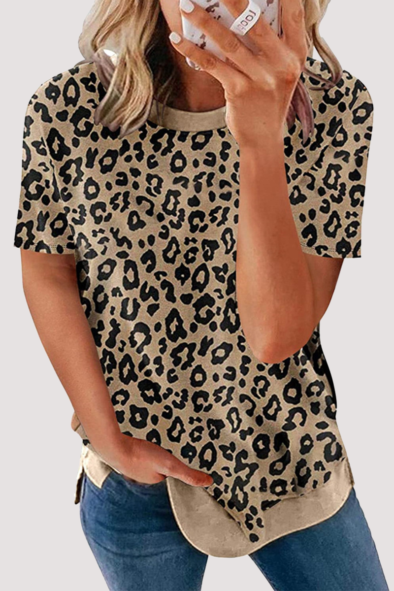 Camisetas básicas informales de cuello redondo con estampado de leopardo
