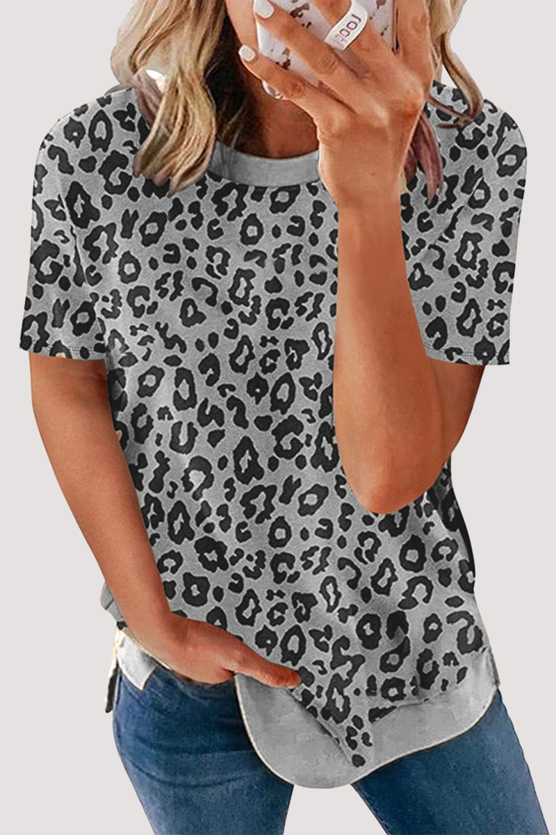 Camisetas básicas informales de cuello redondo con estampado de leopardo
