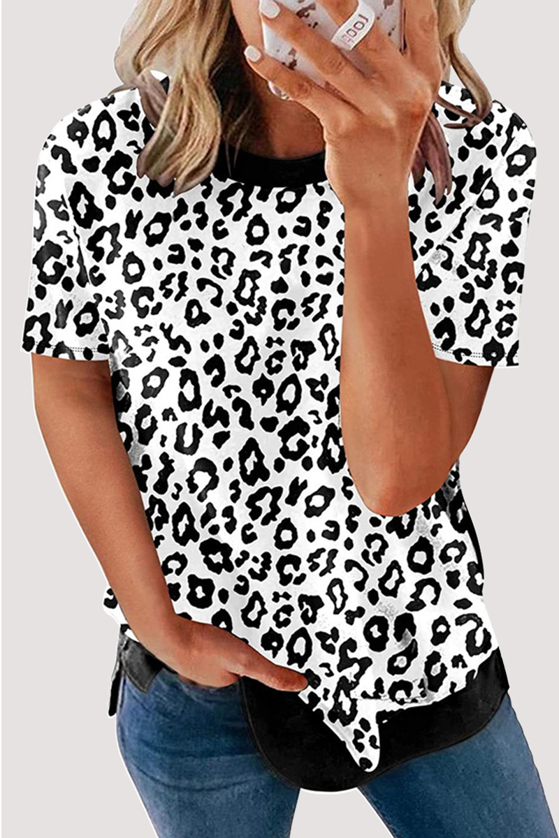 Camisetas básicas informales de cuello redondo con estampado de leopardo