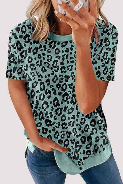 Camisetas básicas informales de cuello redondo con estampado de leopardo