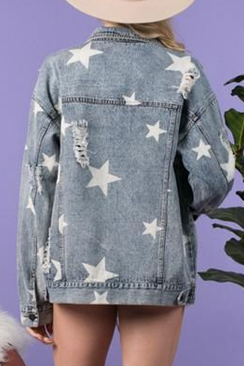 Chaqueta vaquera de manga larga con cuello vuelto, hebilla rasgada y estrellas de Street