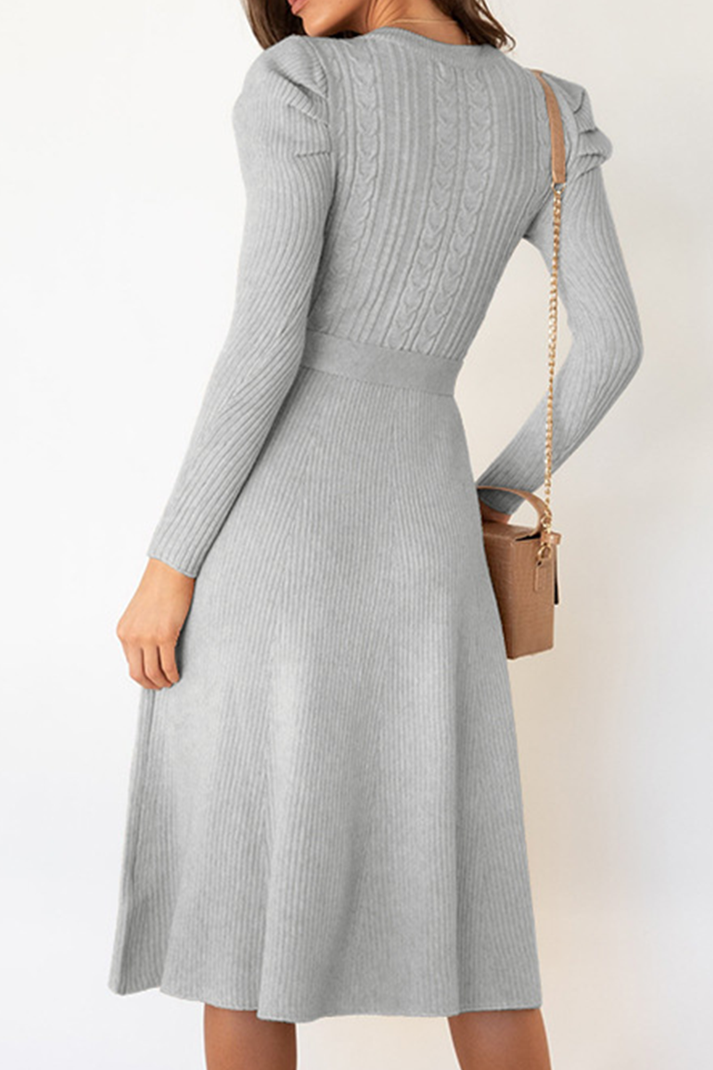 Elegante vestido de suéter liso con cinturón y cuello redondo (5 colores)