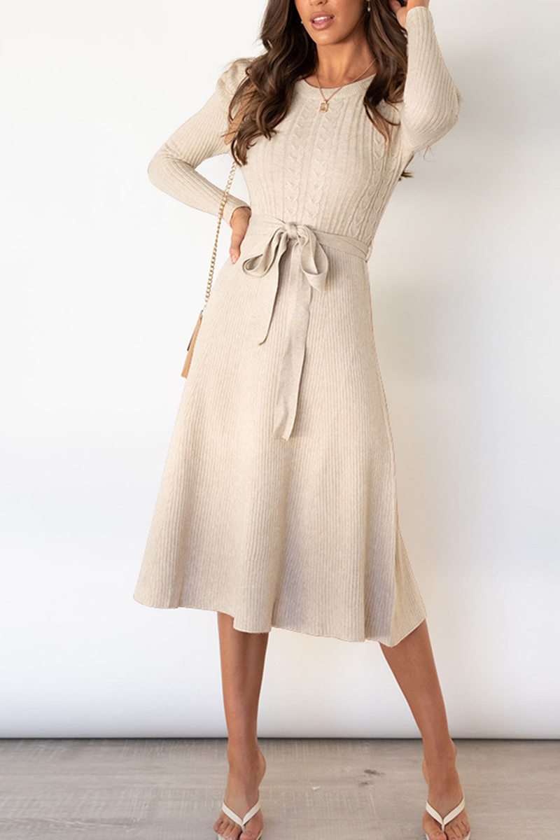 Elegante vestido de suéter liso con cinturón y cuello redondo (5 colores)