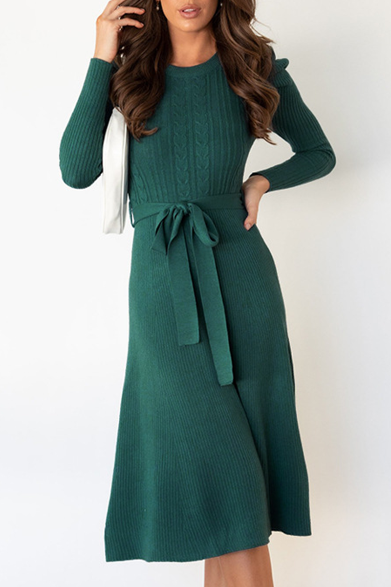 Elegante vestido de suéter liso con cinturón y cuello redondo (5 colores)