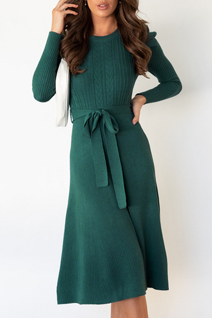 Elegante vestido de suéter liso con cinturón y cuello redondo (5 colores)
