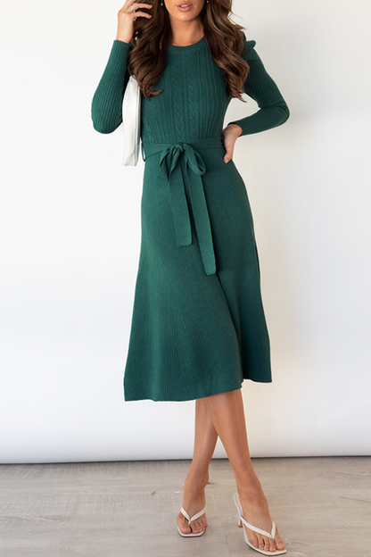 Elegante vestido de suéter liso con cinturón y cuello redondo (5 colores)