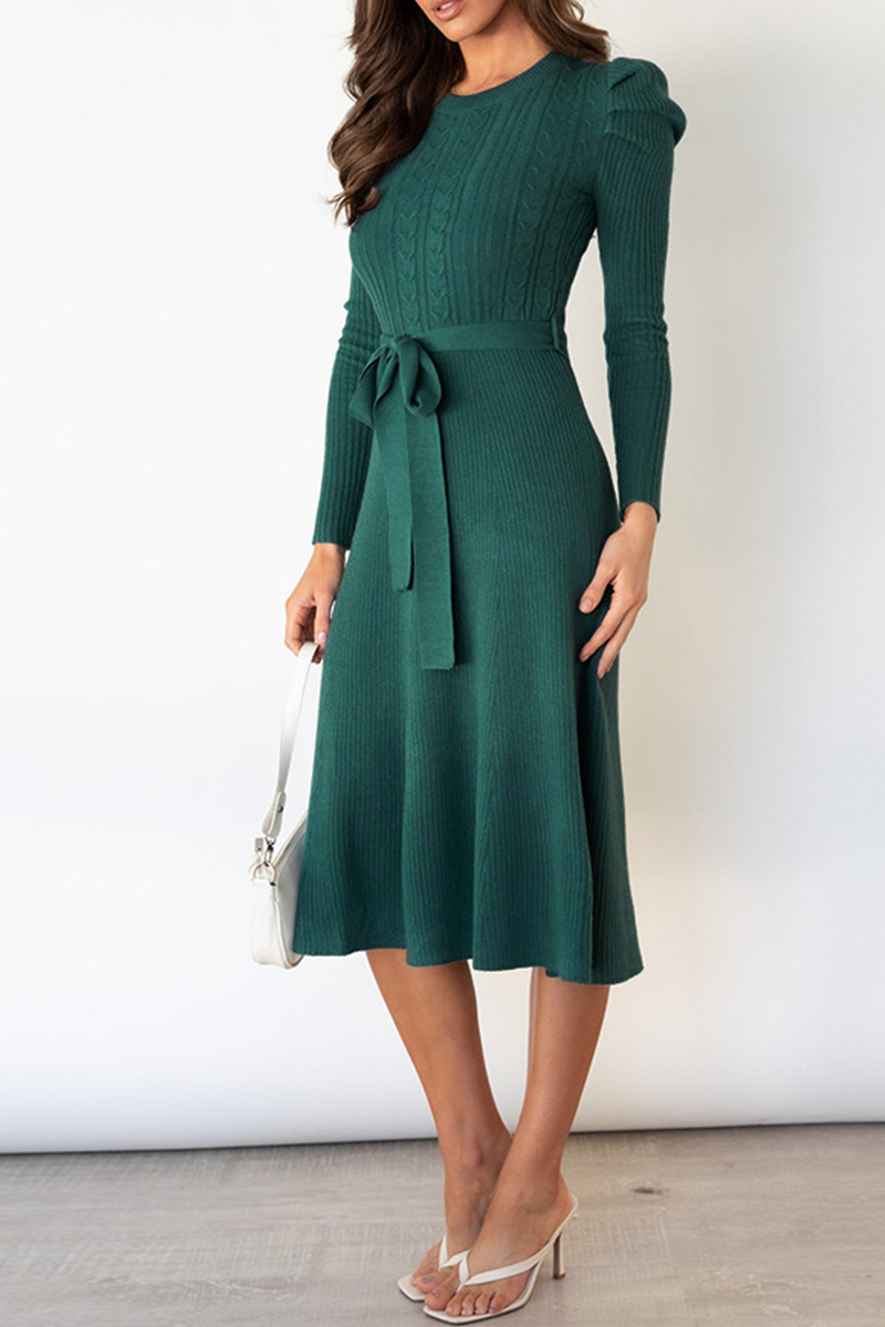 Elegante vestido de suéter liso con cinturón y cuello redondo (5 colores)