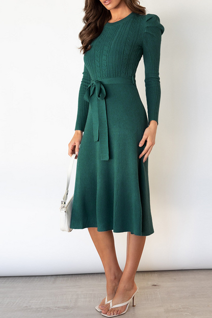 Elegante vestido de suéter liso con cinturón y cuello redondo (5 colores)