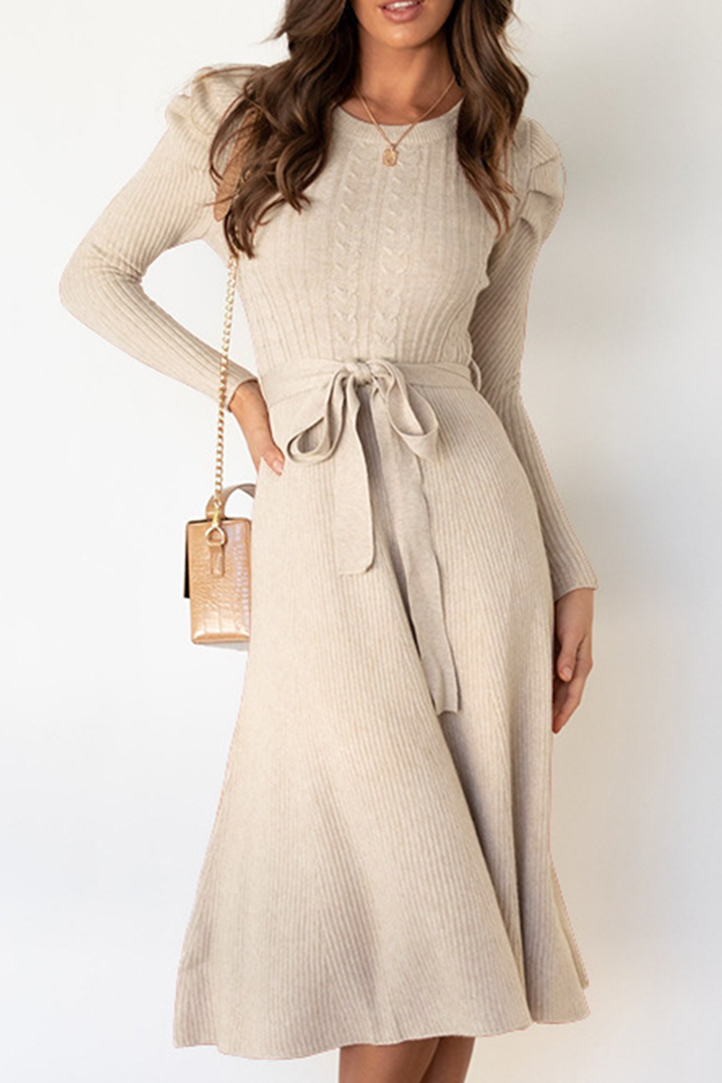 Elegante vestido de suéter liso con cinturón y cuello redondo (5 colores)