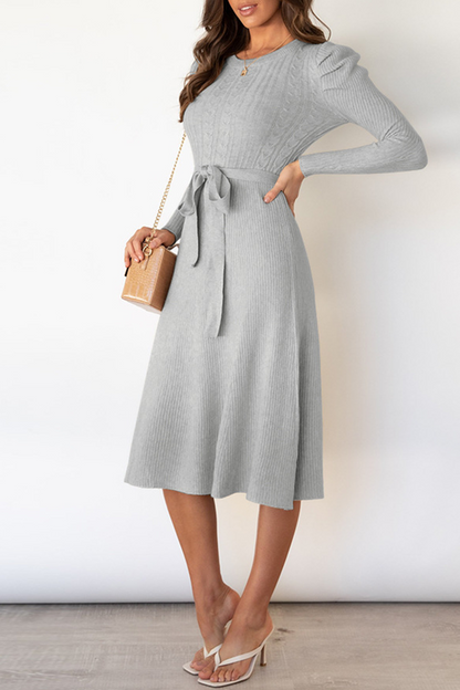 Elegante vestido de suéter liso con cinturón y cuello redondo (5 colores)