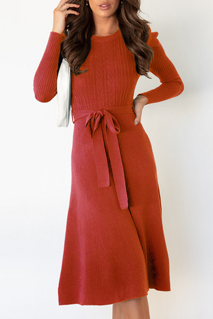 Elegante vestido de suéter liso con cinturón y cuello redondo (5 colores)