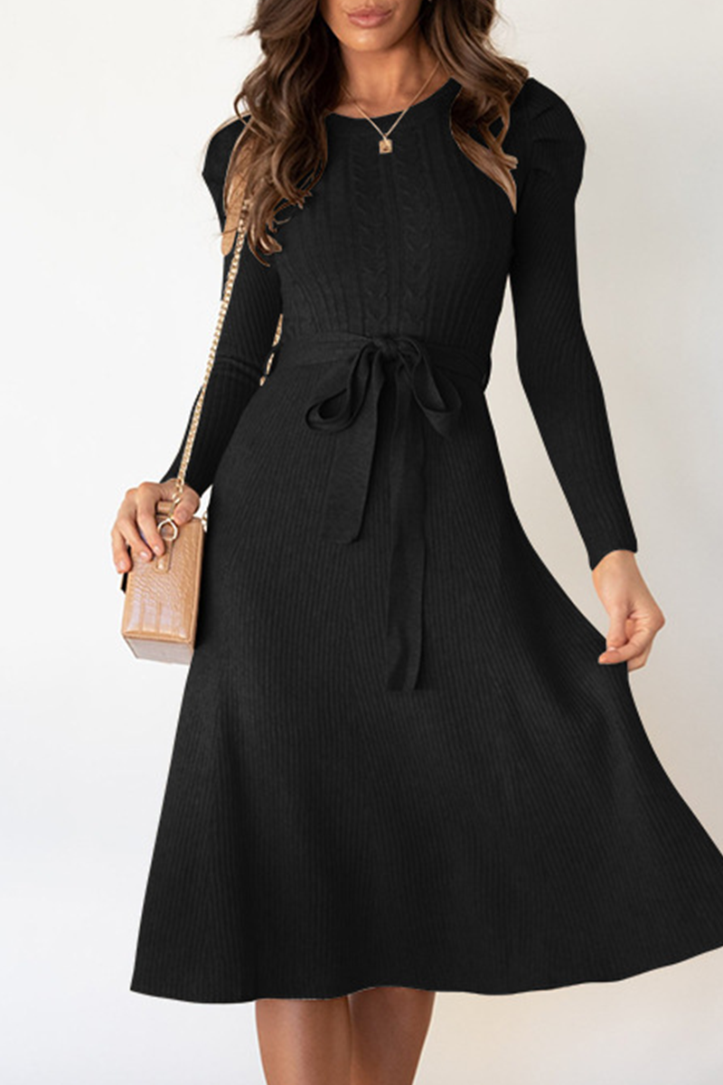 Elegante vestido de suéter liso con cinturón y cuello redondo (5 colores)
