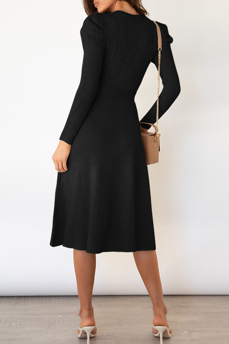 Elegante vestido de suéter liso con cinturón y cuello redondo (5 colores)