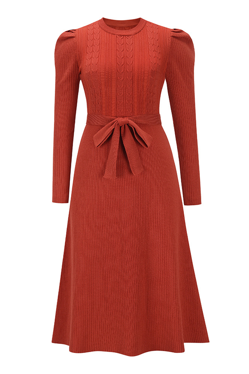 Elegante vestido de suéter liso con cinturón y cuello redondo (5 colores)