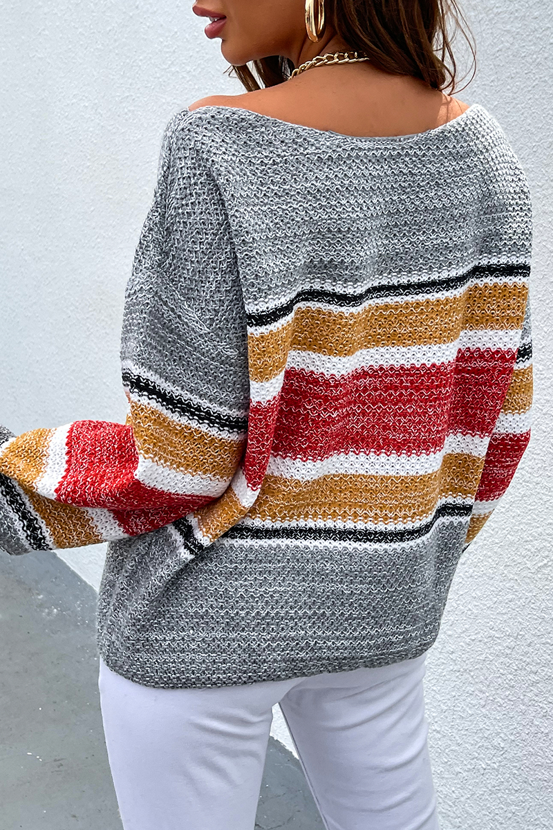 Suéter casual con hombros descubiertos y diseño de patchwork a rayas