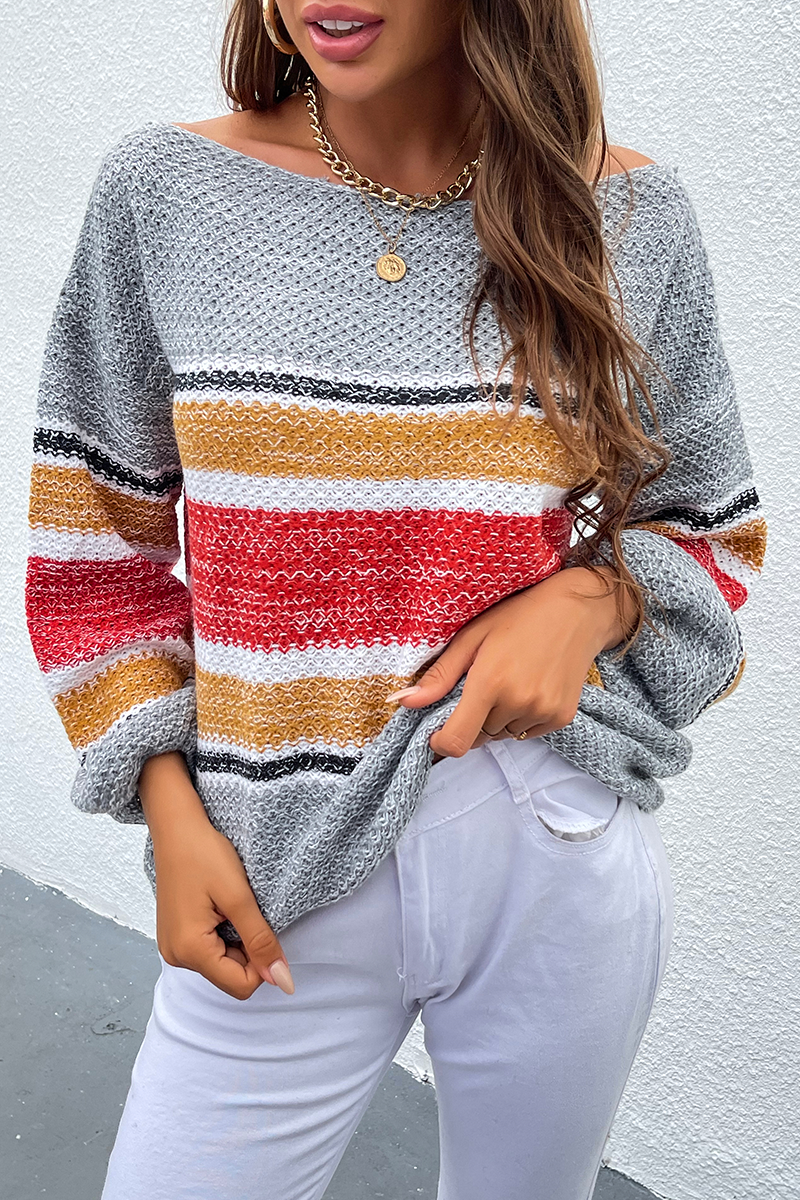 Suéter casual con hombros descubiertos y diseño de patchwork a rayas