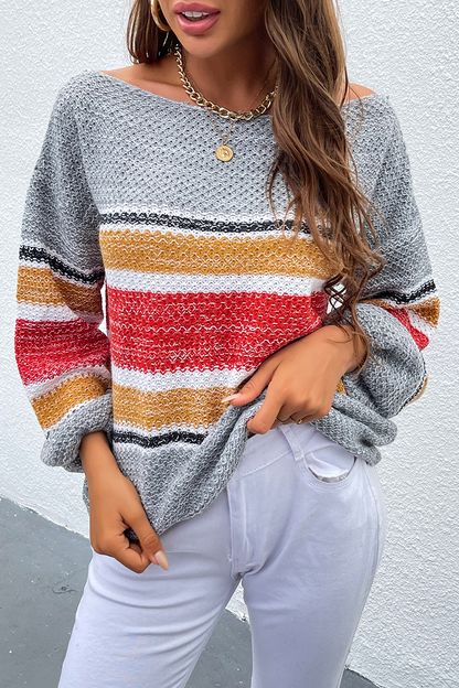 Suéter casual con hombros descubiertos y diseño de patchwork a rayas