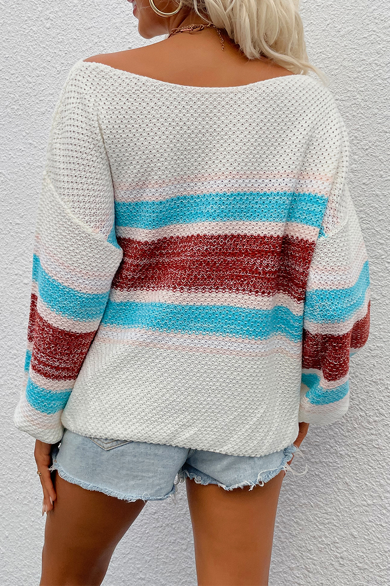Suéter casual con hombros descubiertos y diseño de patchwork a rayas