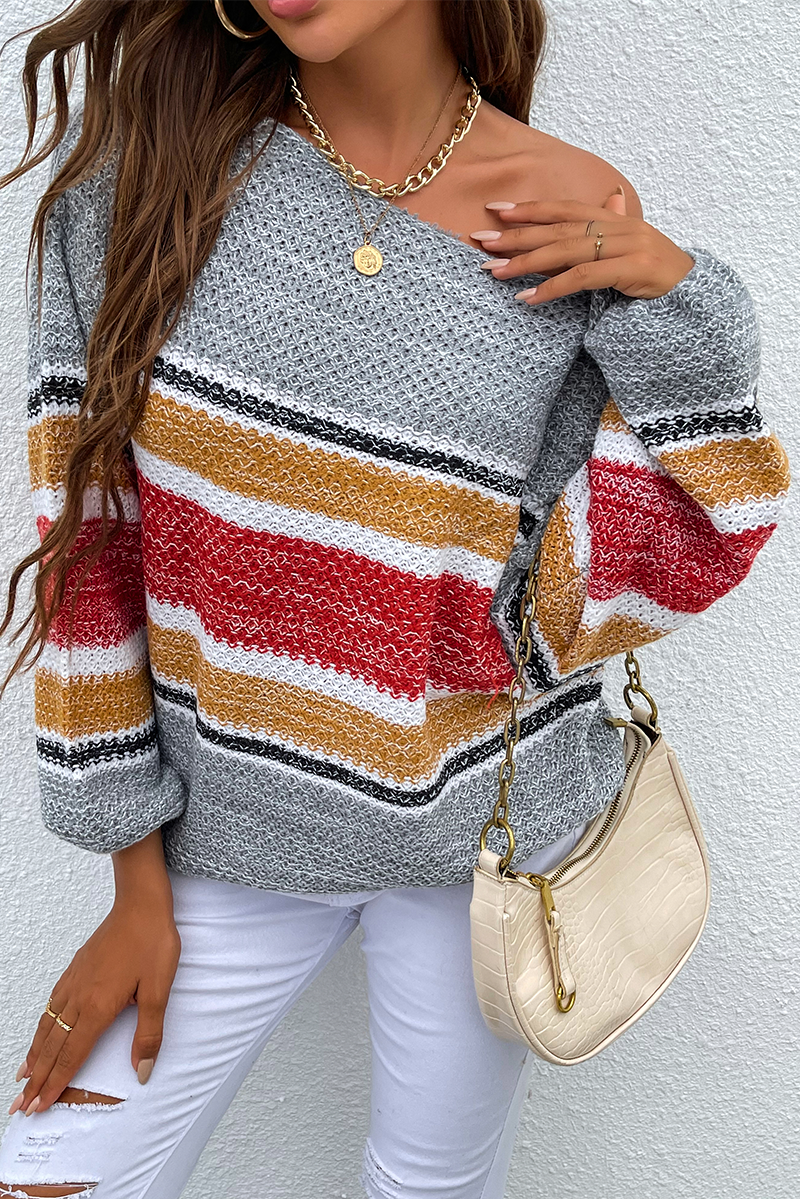 Suéter casual con hombros descubiertos y diseño de patchwork a rayas