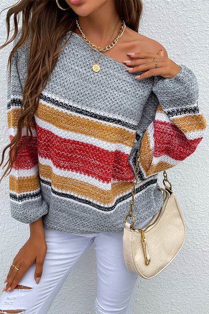 Suéter casual con hombros descubiertos y diseño de patchwork a rayas