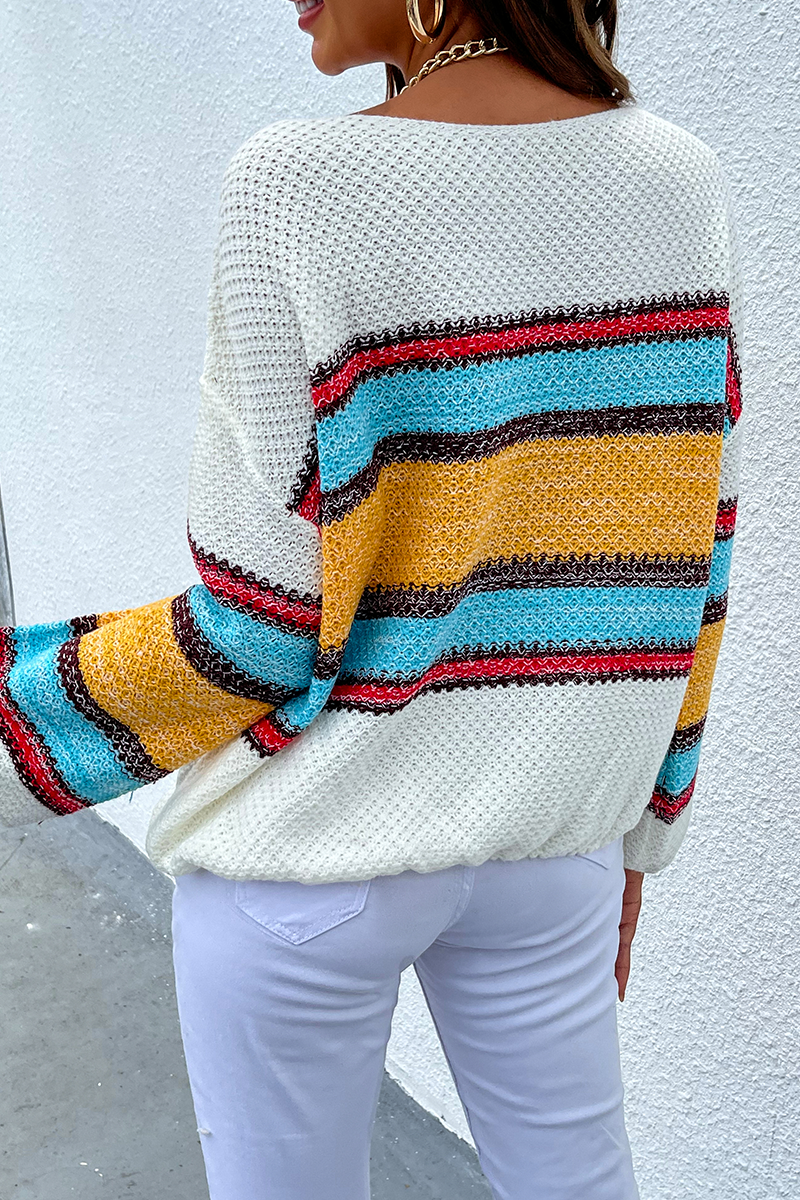 Suéter casual con hombros descubiertos y diseño de patchwork a rayas