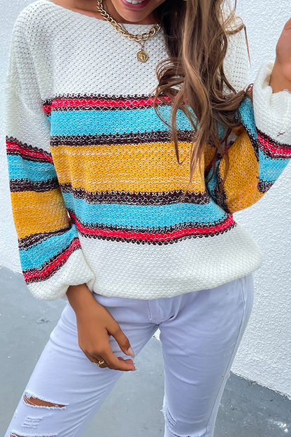 Suéter casual con hombros descubiertos y diseño de patchwork a rayas