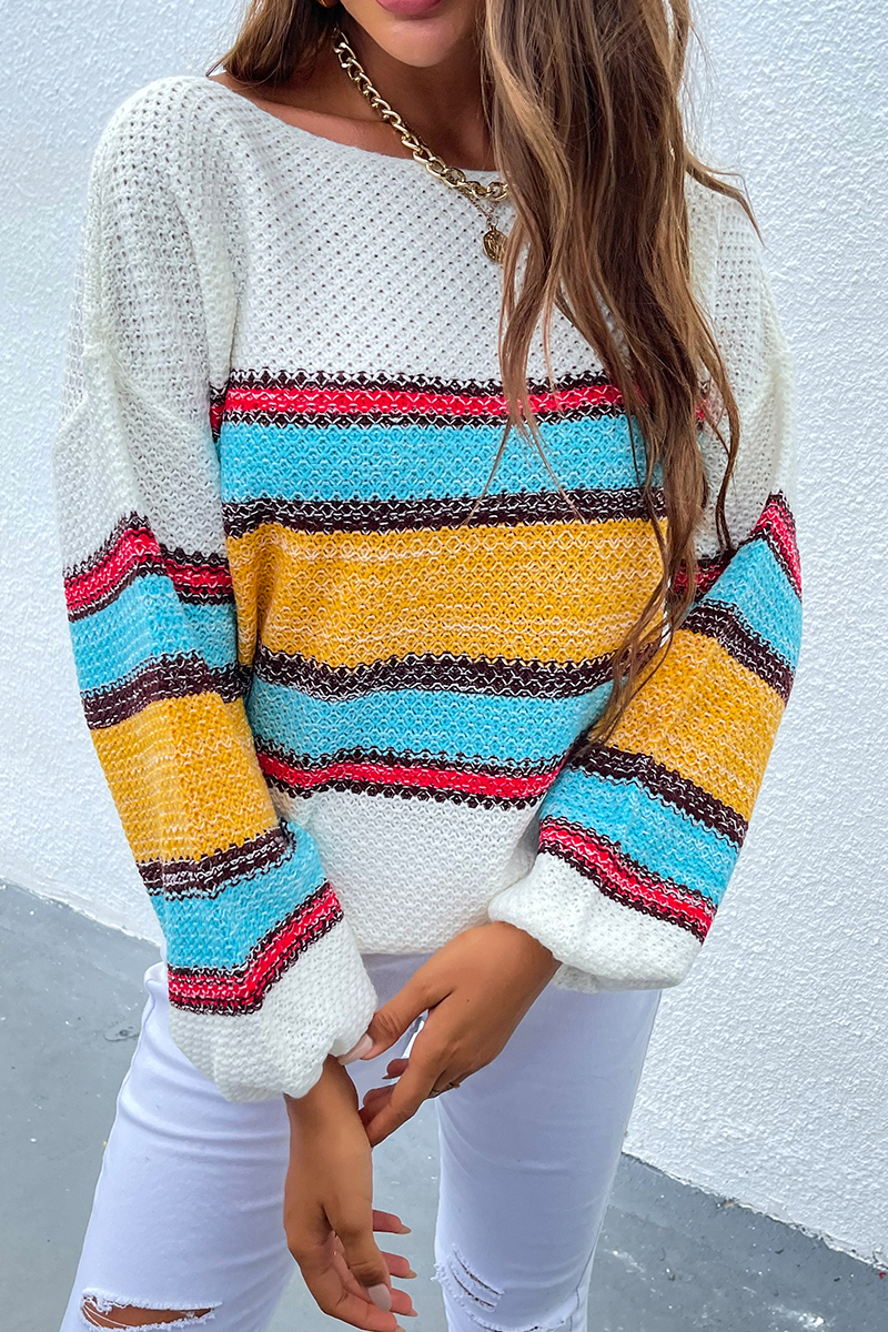 Suéter casual con hombros descubiertos y diseño de patchwork a rayas