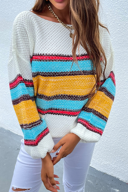 Suéter casual con hombros descubiertos y diseño de patchwork a rayas